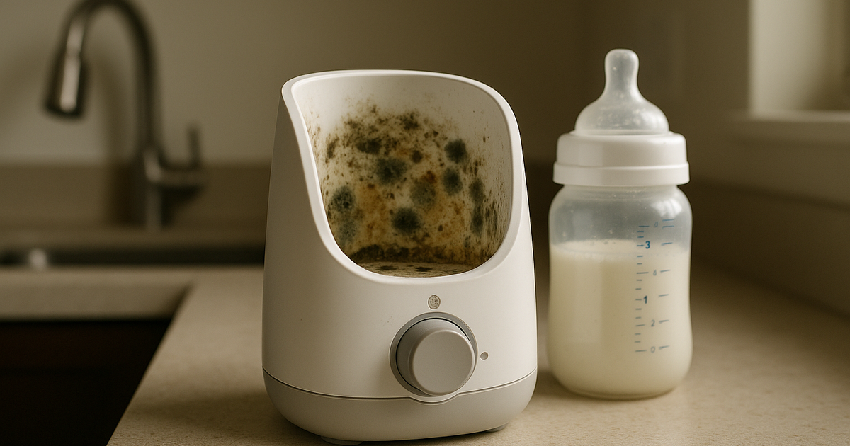A parent cleaning a bottle warmer in a dimly lit kitchen at night.