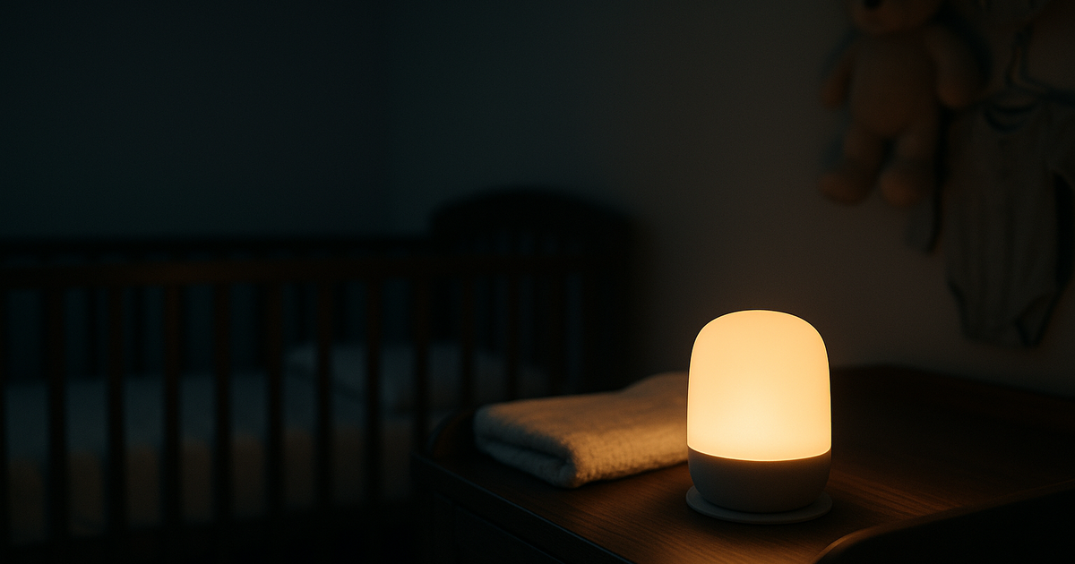 A darkened nursery with a faint glow from the hallway illuminating a changing table.