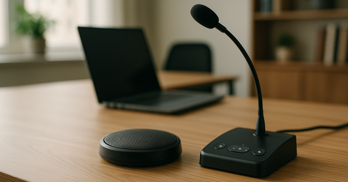 Office conference room setup with omnidirectional microphone in the center of the table, promoting seamless hybrid meetings.