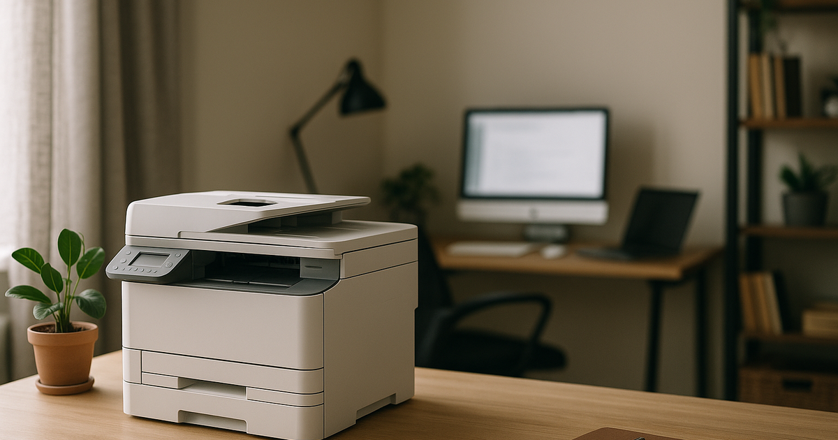 Hybrid work environment showing a cluttered desk with a shared printer, documents, and a laptop.