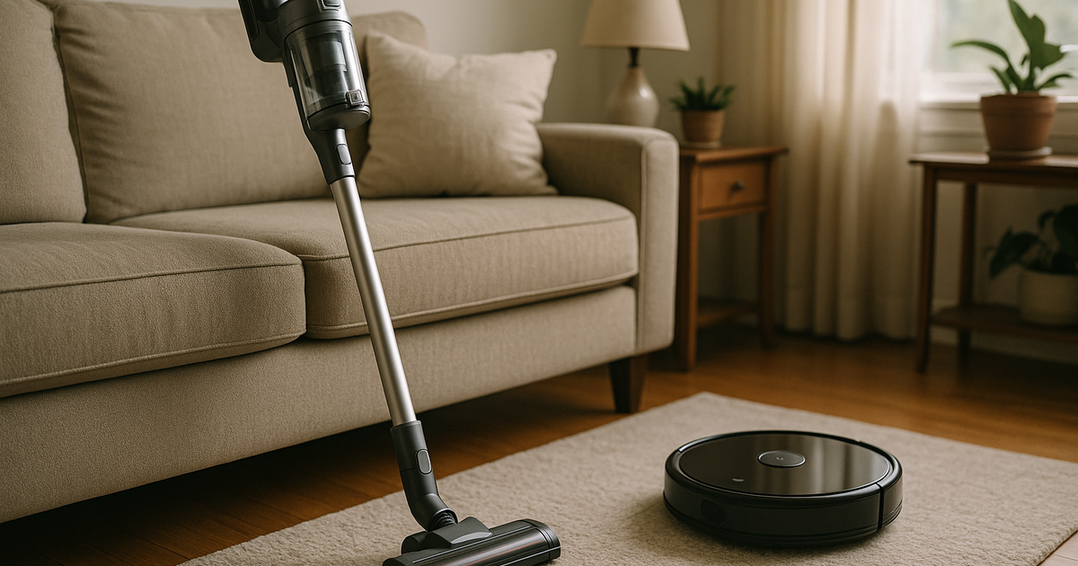 A sunny, tidy apartment living room with a robot vacuum in operation.
