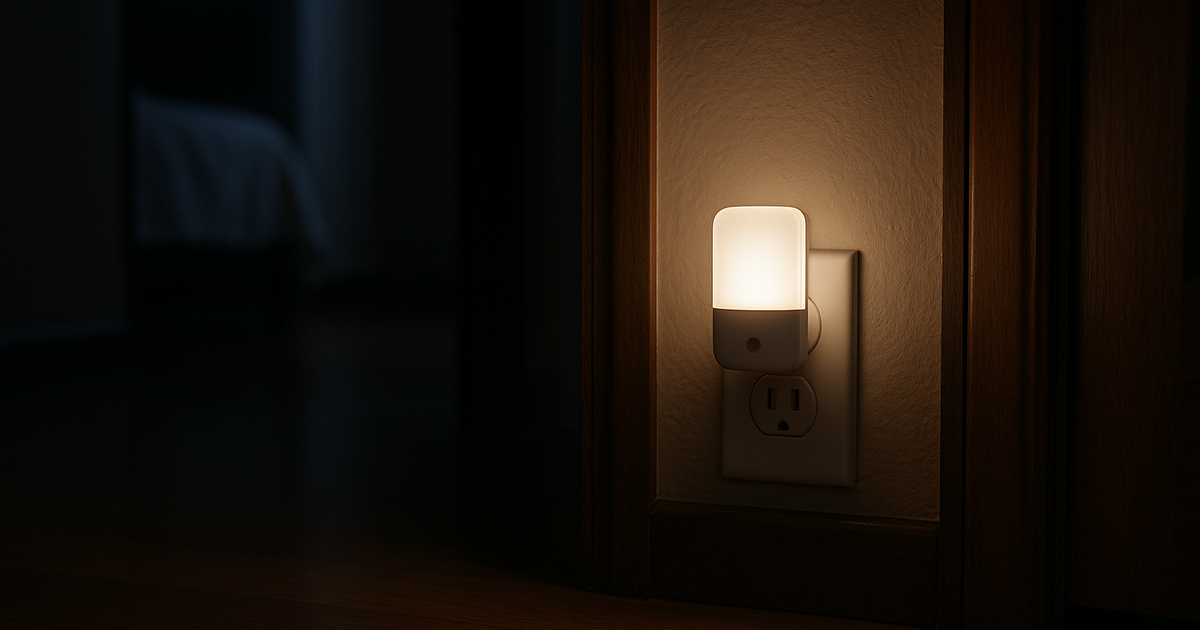 A warm, soft glow illuminates a hallway at night, providing a safe path for an elderly person.