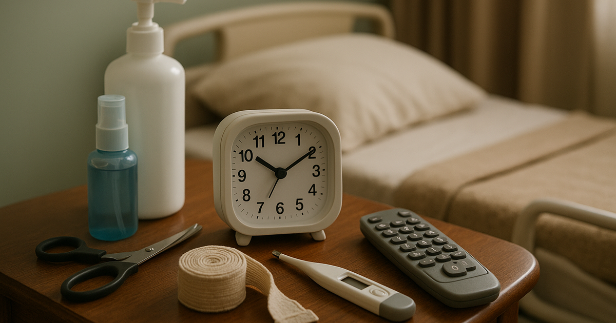A caregiver assisting a senior with their medication in a brightly lit, uncluttered home environment.