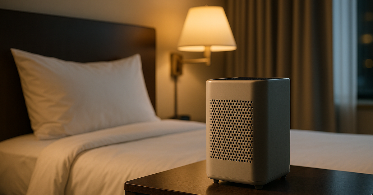 Hotel room with a portable air purifier running on the nightstand.