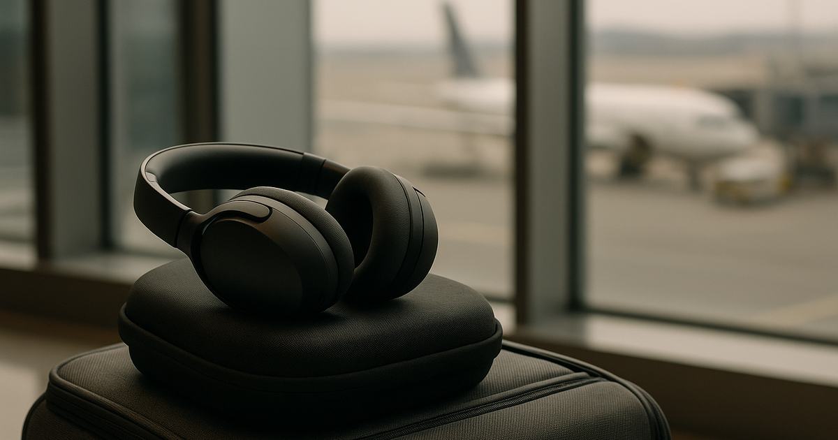 Scene of a frequent business traveler experiencing discomfort with over-ear ANC headphones on a flight.