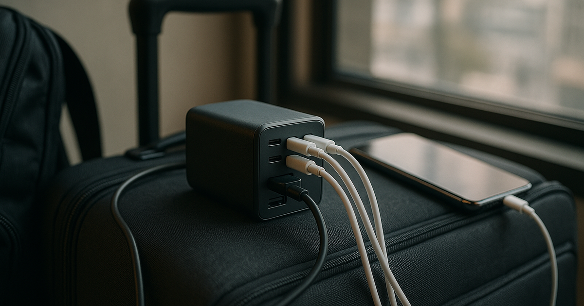 A multi-port charger powering multiple devices in an airport lounge.