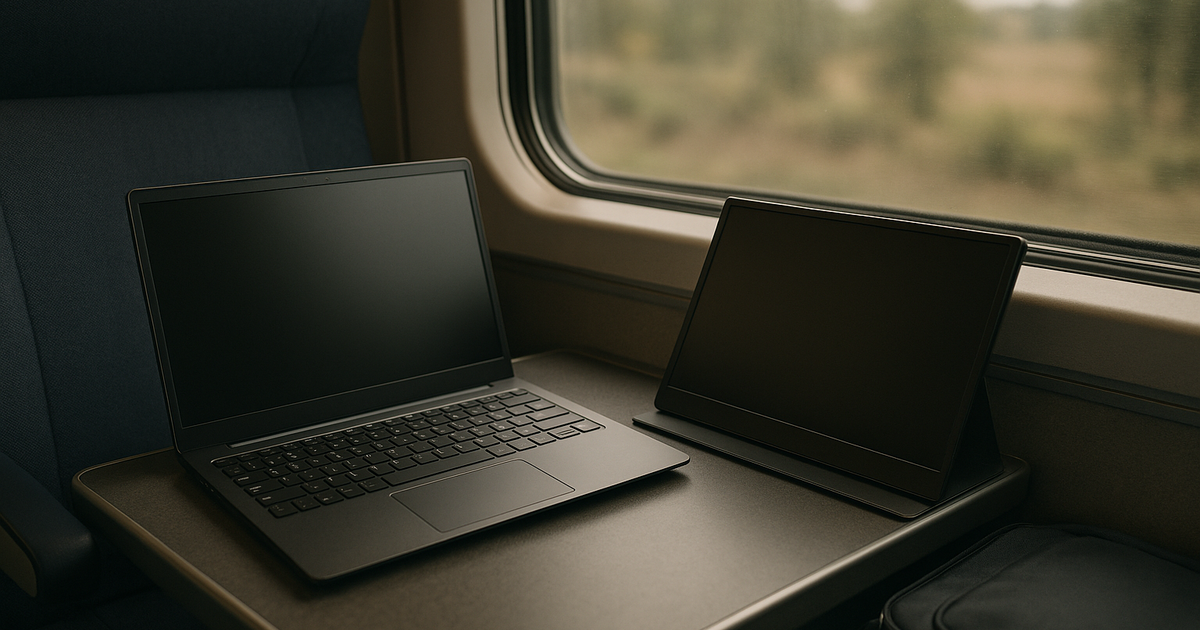 Overhead shot of an airline tray table with a portable monitor precariously balanced next to a laptop, suggesting a cramped and inconvenient workspace.