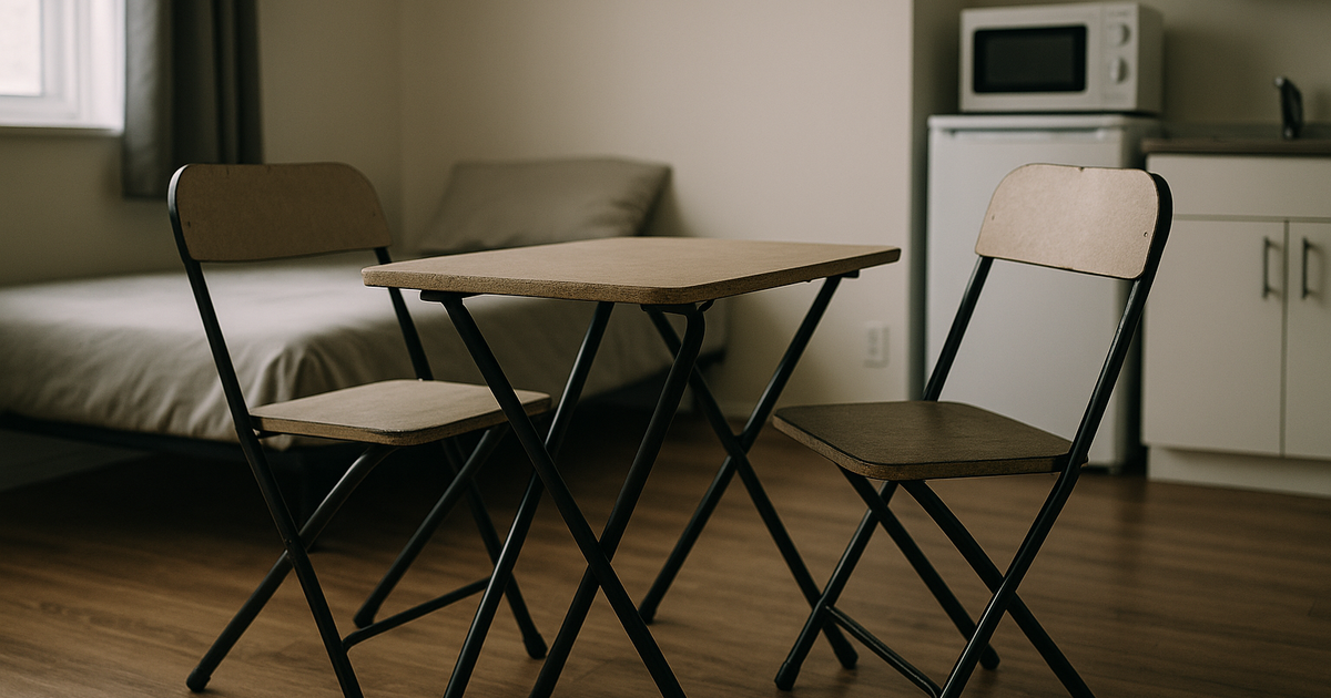 A minimalist studio apartment featuring a sturdy, non-folding desk, emphasizing a clean and uncluttered living space.