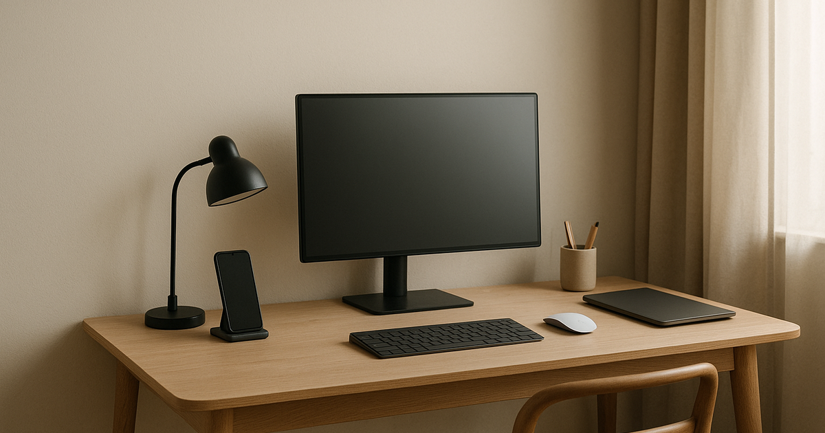 A minimalist desk setup with a laptop on a stand, a wireless keyboard, and a USB-C hub in a Portland studio apartment.