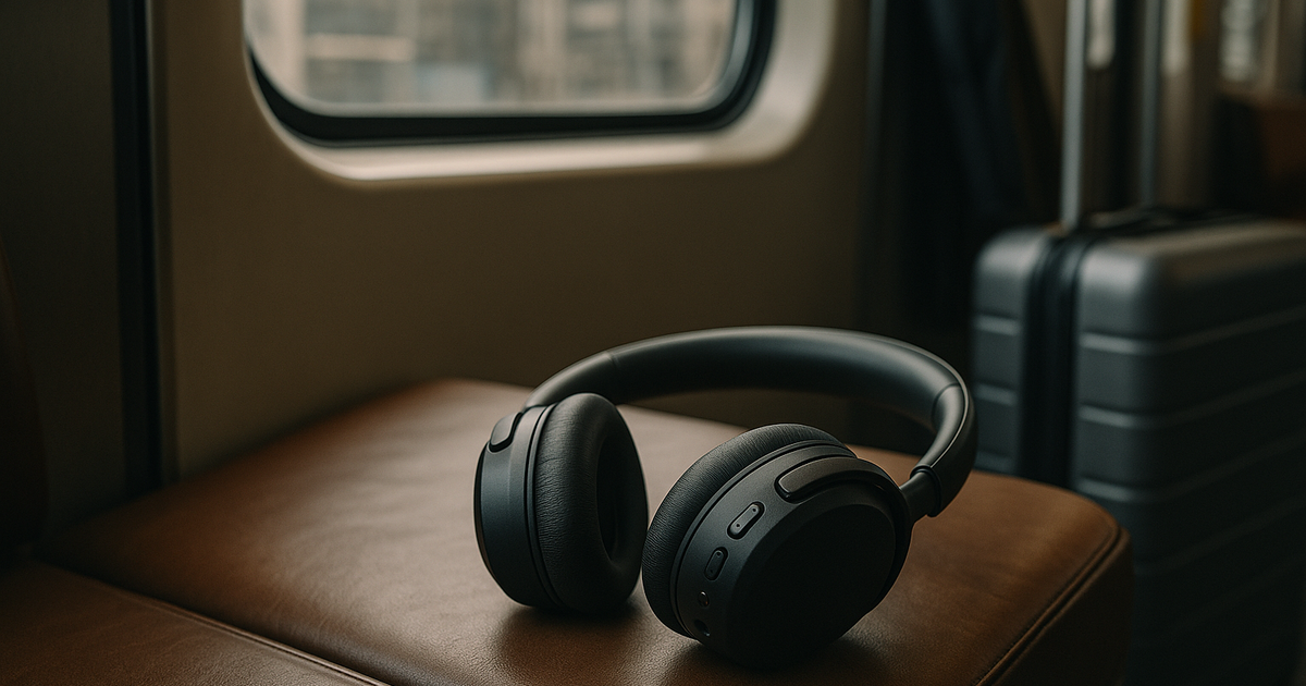 A person on a crowded commute struggling with bulky over-ear headphones.