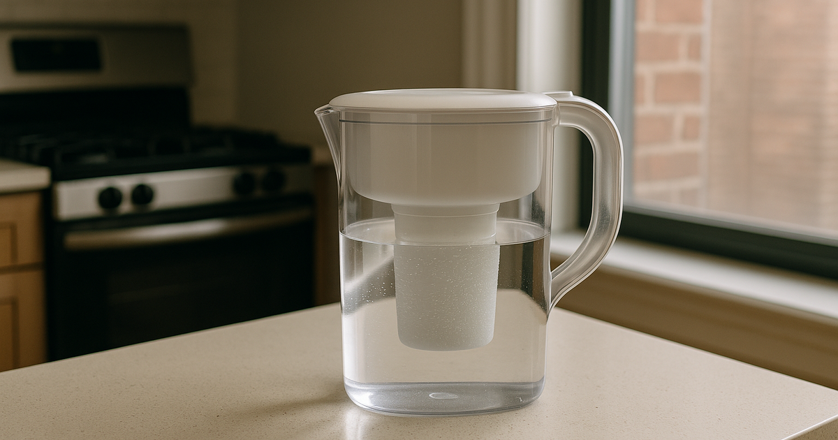 A minimalist Portland studio apartment with a Waterdrop 10-cup water filter pitcher on the counter.