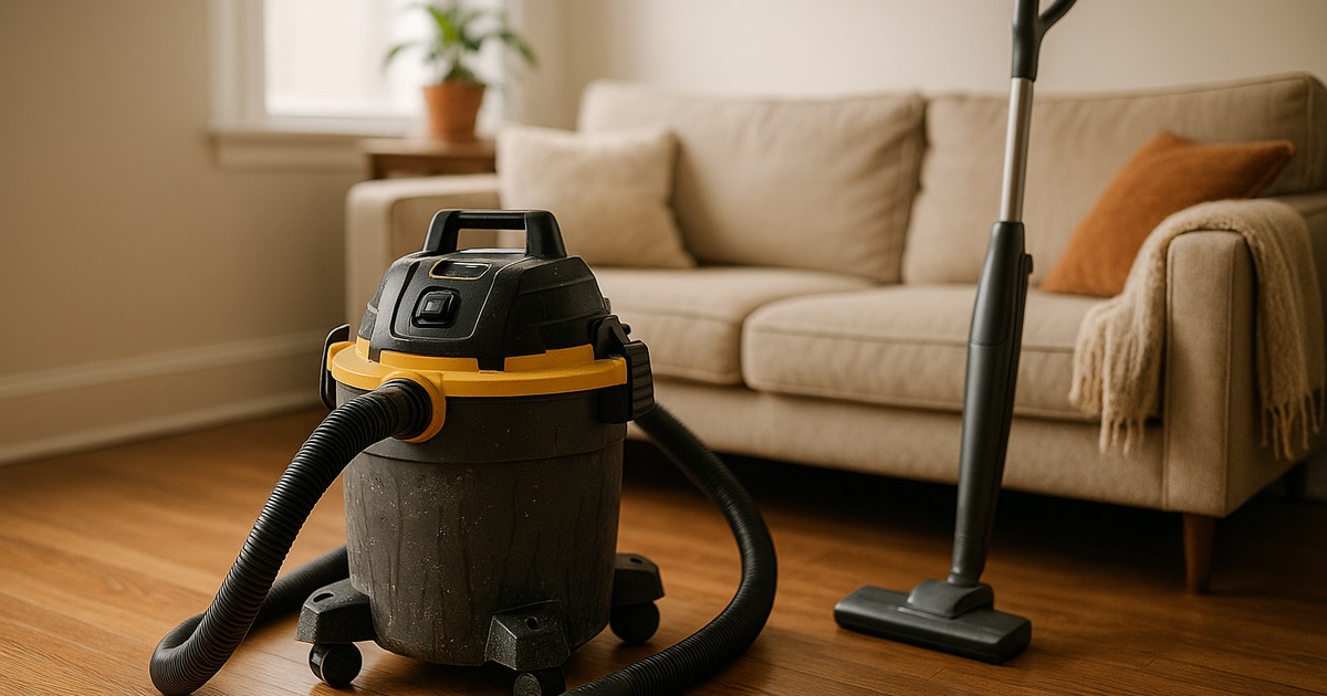 A minimalist studio apartment with a small storage closet, featuring cleaning supplies like a lightweight vacuum and flat mop, emphasizing space-saving solutions.