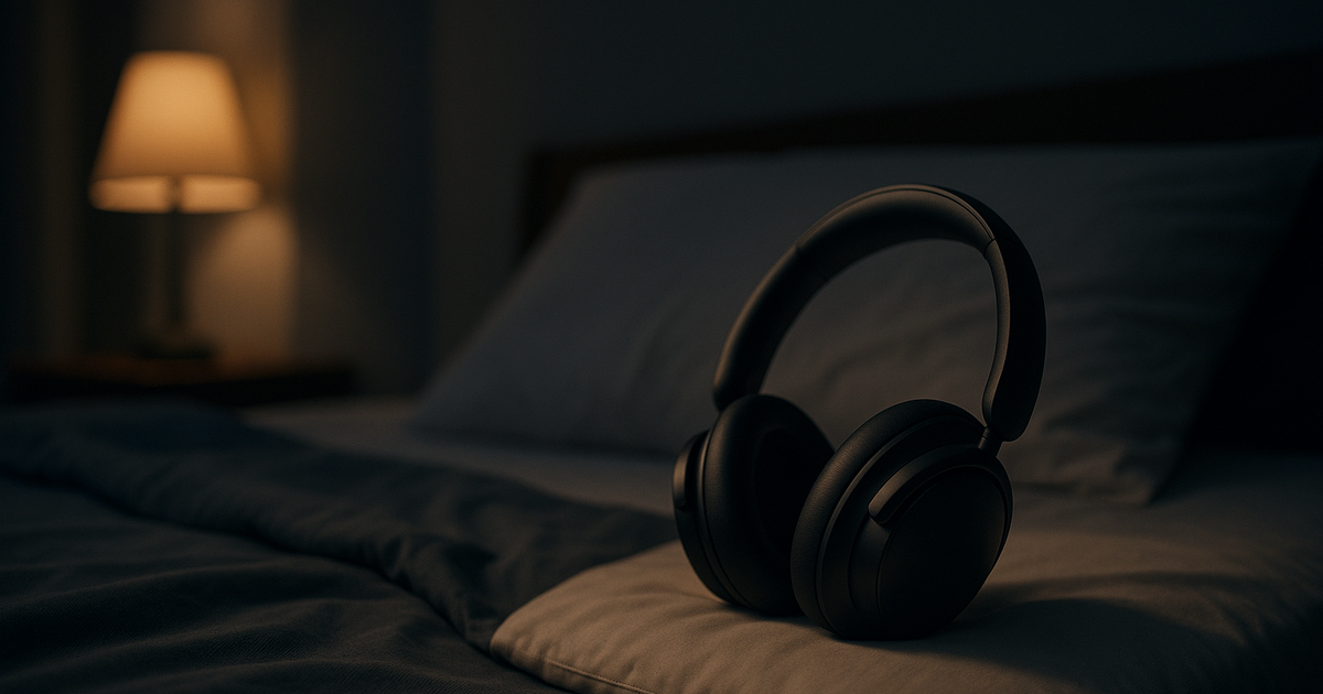 A person wearing Anker Soundcore Space Q45 headphones in a shared apartment at night, blocking out noise from roommates.