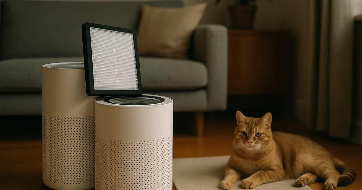 Close up of a cat lounging near an air purifier in a home setting.