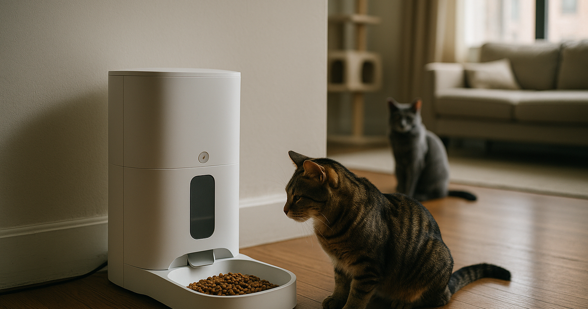 A close-up of an automatic pet feeder in an Atlanta apartment, with two cats nearby, highlighting potential reliability issues like food jams and power failures.