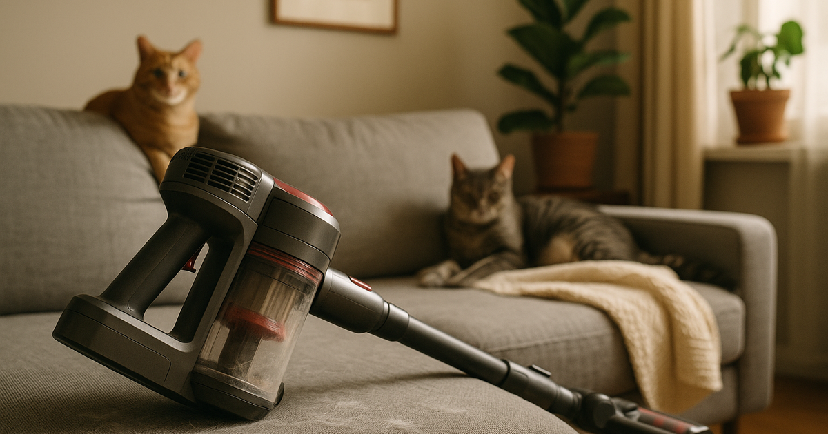 An upright vacuum cleaner tackling pet hair in a small apartment.