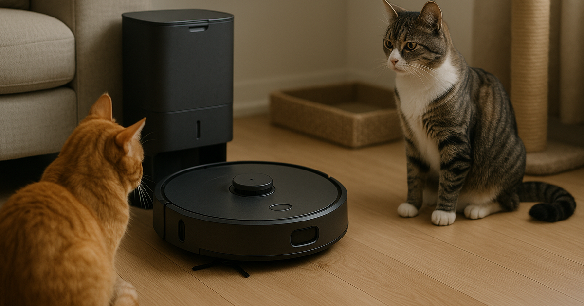 A robot vacuum struggles with cat hair in a modern apartment.