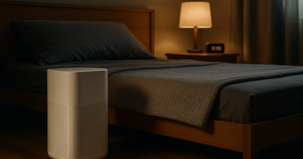 Bedroom with an air purifier near the bed, with soft lighting to promote sleep.
