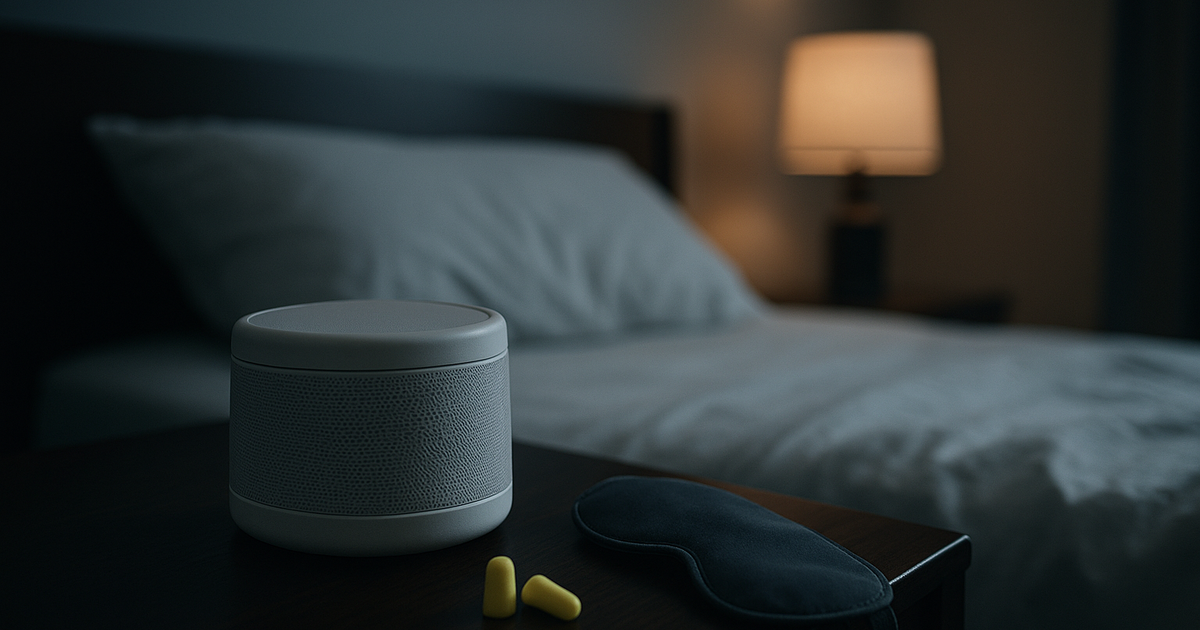 Bedroom at night with a white noise machine on the nightstand