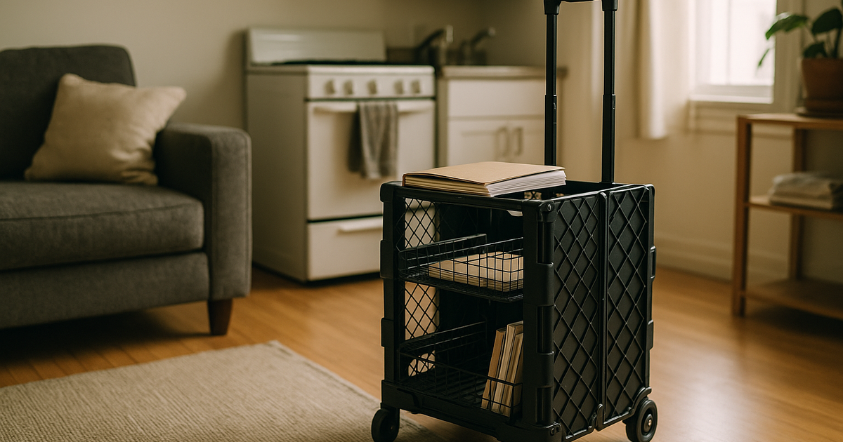 A cluttered small apartment featuring a half-collapsed folding storage cart overflowing with items, illustrating the organizational challenges in a limited space.