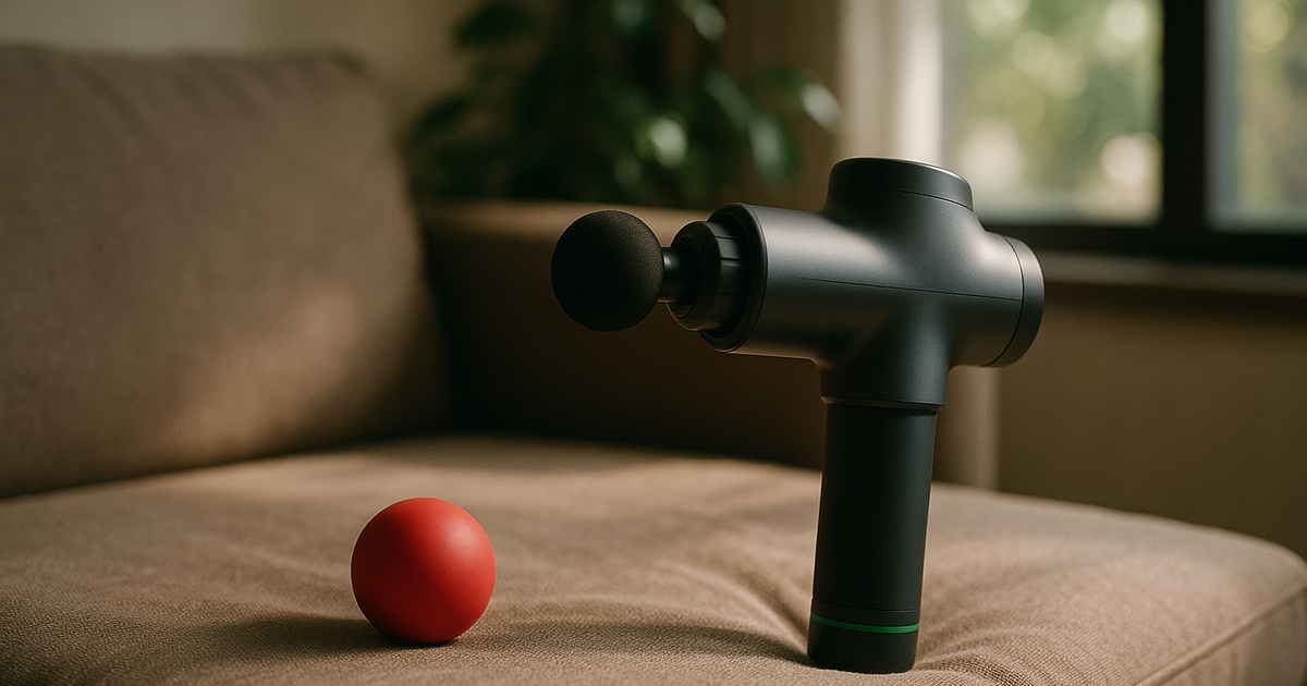 A lacrosse ball and massage gun sit side-by-side on a yoga mat, suggesting a choice between recovery tools.