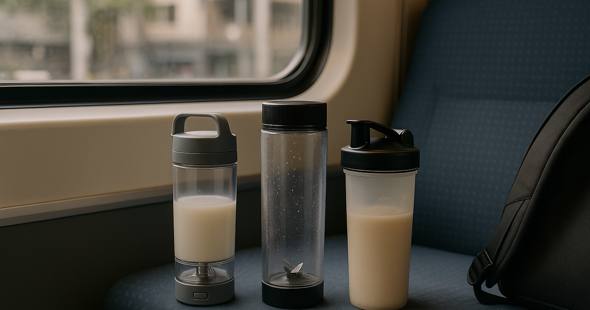 A portable blender bottle and a shaker bottle side by side on a counter.