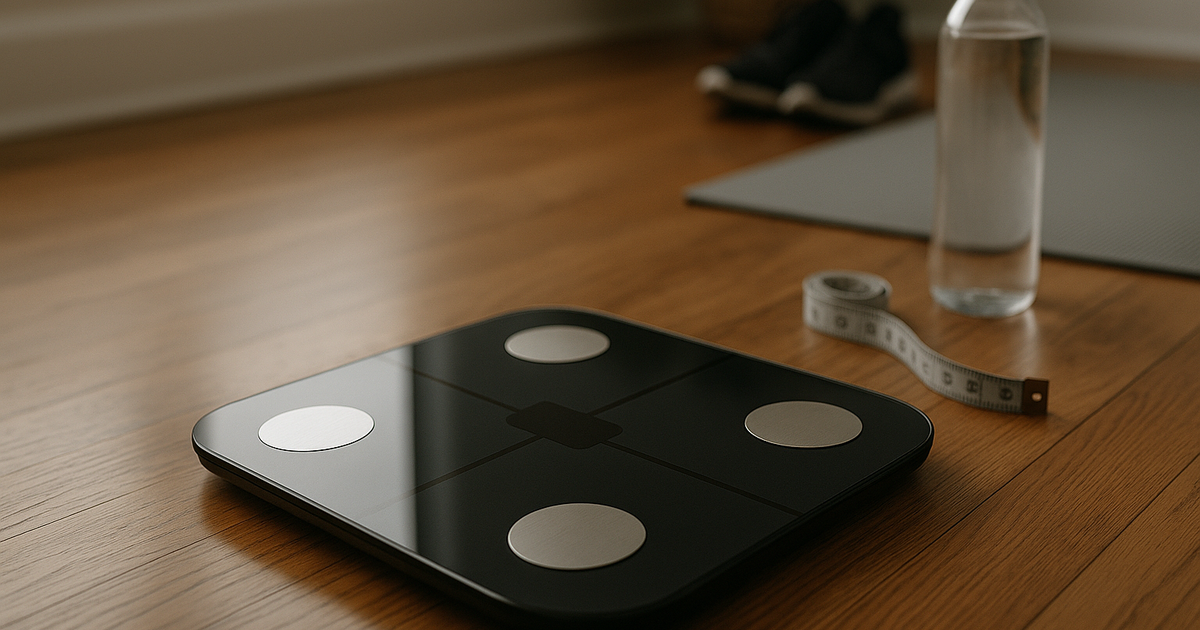 Person stepping on a smart scale in a bathroom.