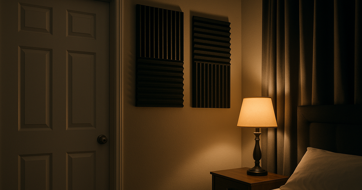 A guest bedroom at night, dark curtains are drawn and the room is dimly lit.