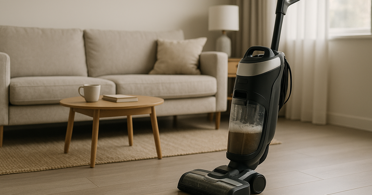 The wet-dry vacuum sitting in the utility closet after cleaning floors in a small apartment.