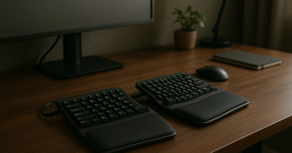 A split ergonomic keyboard on a desk, with hands typing on it.