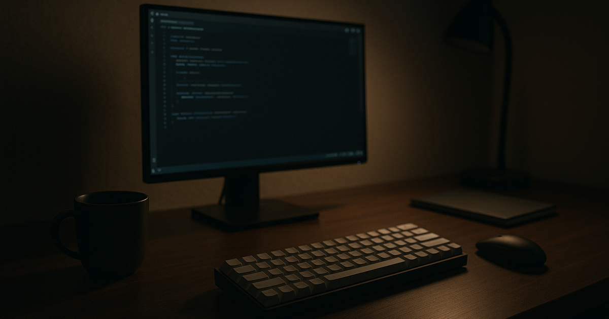 Night scene with a programmer working quietly at a desk in an apartment, illuminated by a monitor light bar.