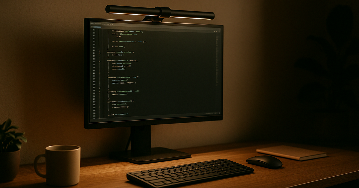 A dimly lit desk with a monitor light bar casting uneven light, highlighting the contrast and shadows.
