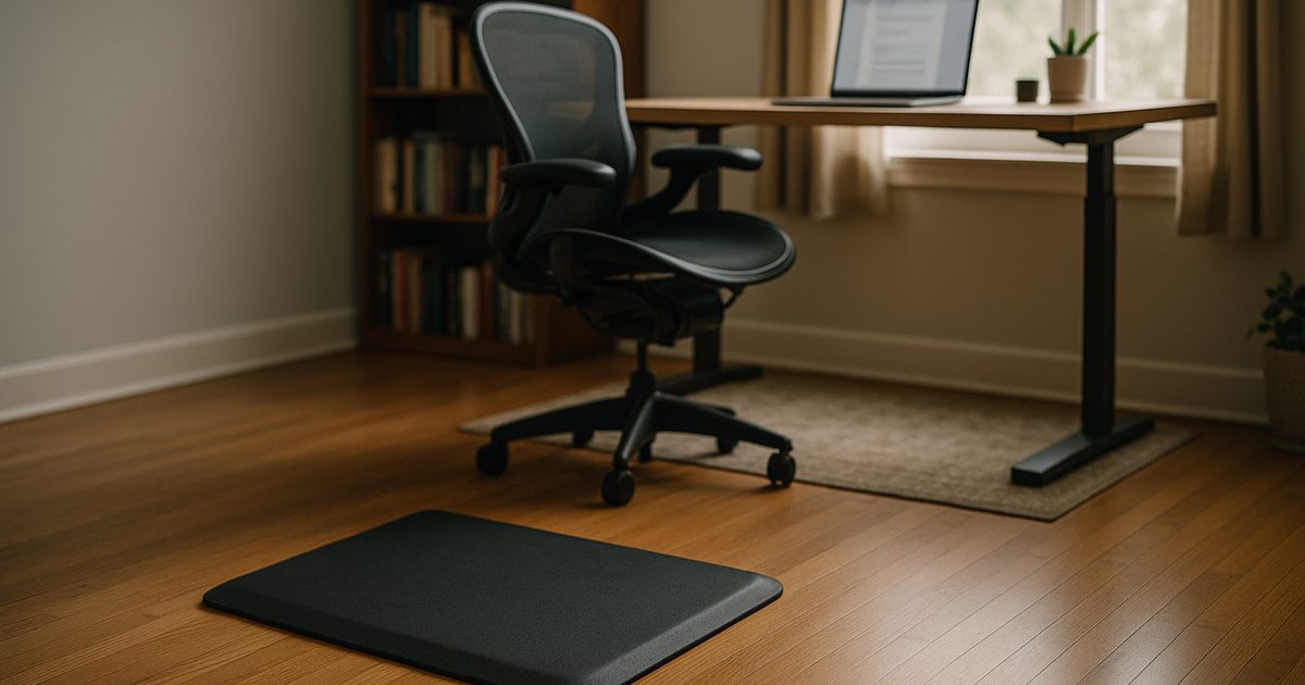 Home office setup with standing desk and ergonomic mat.