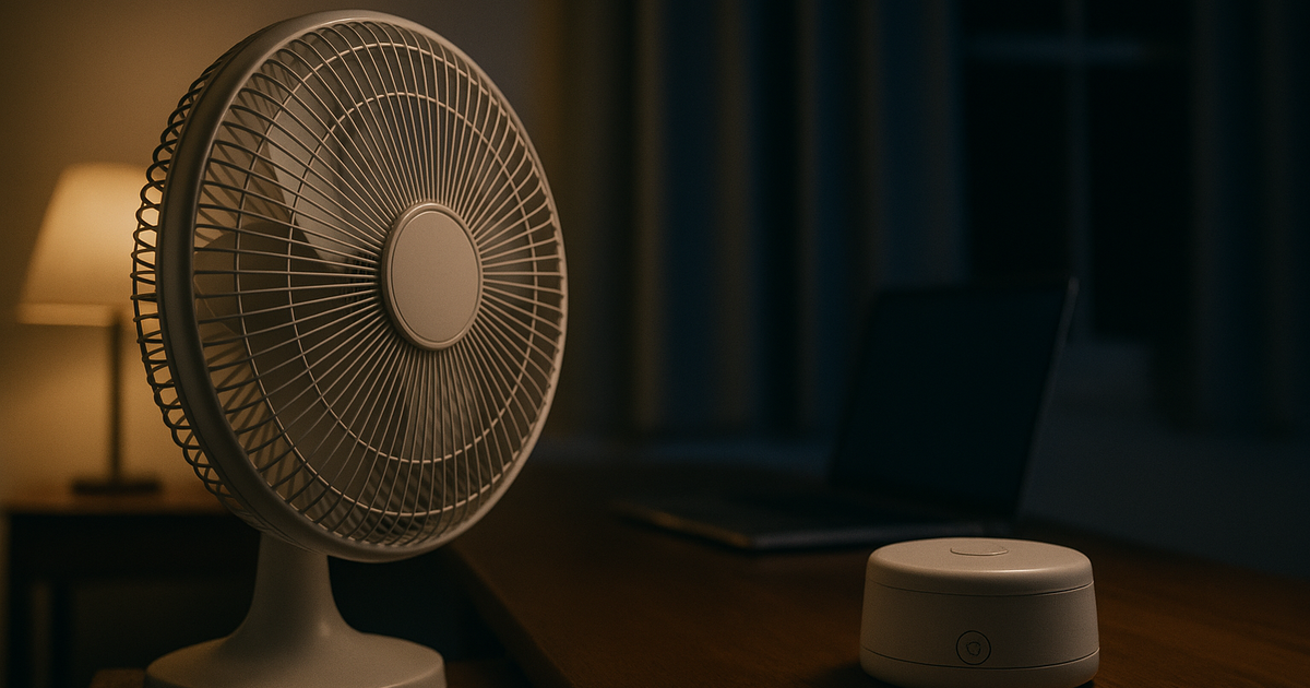 Nighttime coding setup in an Austin apartment, illuminated by monitor glow, with a box fan in the corner providing white noise.