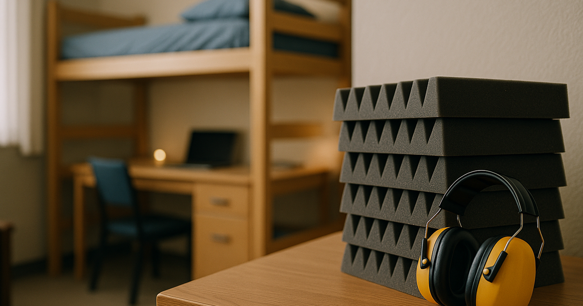 A student in a dorm room using earplugs and surrounded by soft furnishings like rugs and blankets to reduce noise.