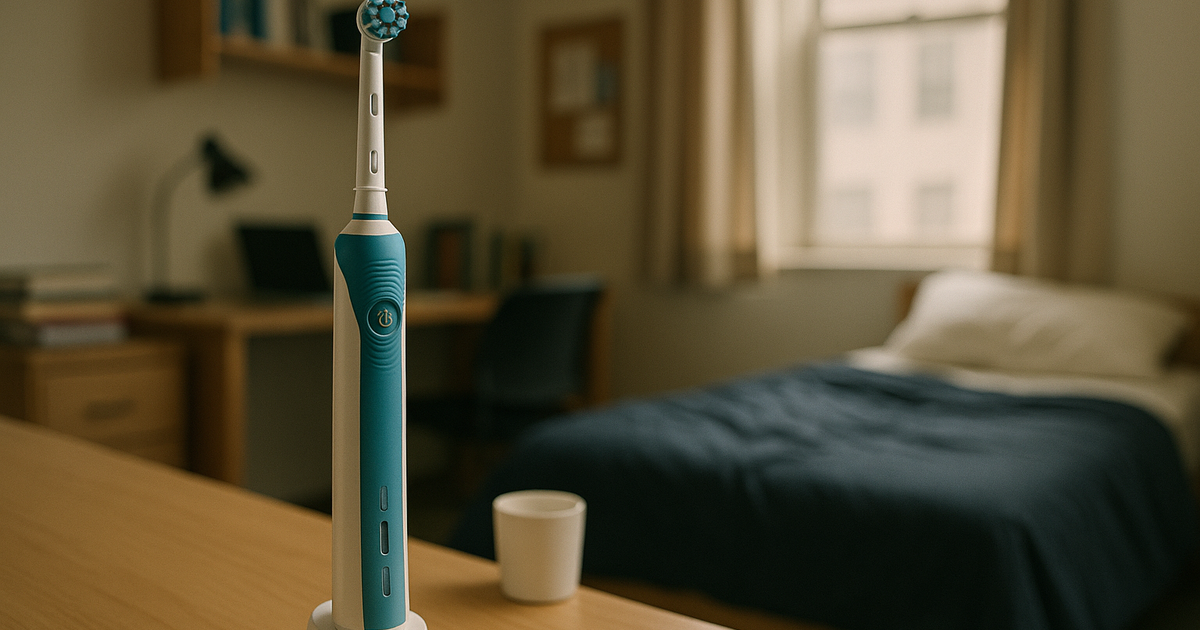 Shared student apartment bathroom with Oral-B Pro 1000 electric toothbrush on the sink.