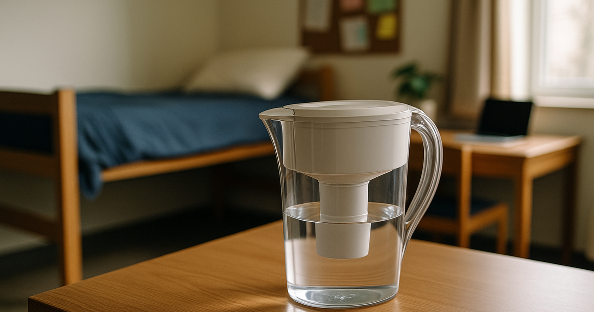 A dorm room fridge with a Brita water filter pitcher inside.