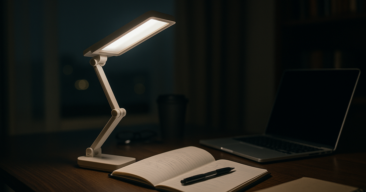 A dimly lit dorm room at night, illuminated by a desk lamp, with a student studying at their desk.