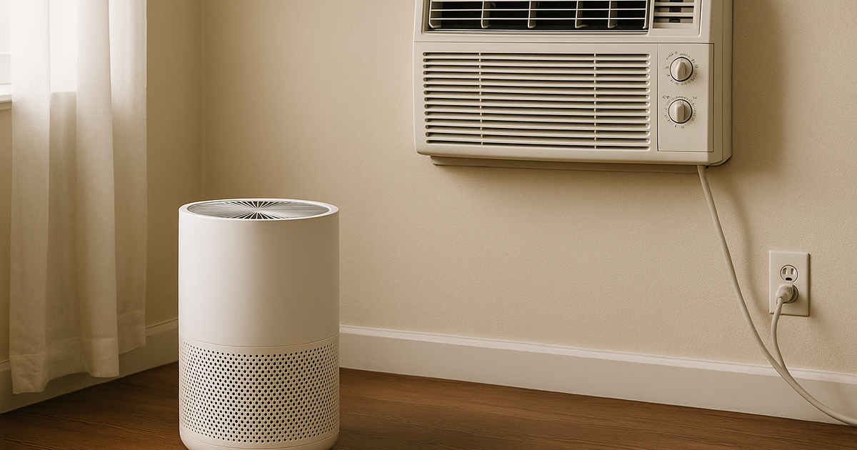 A person sitting at a desk near a window with condensation, with an AC unit and a separate air purifier running.