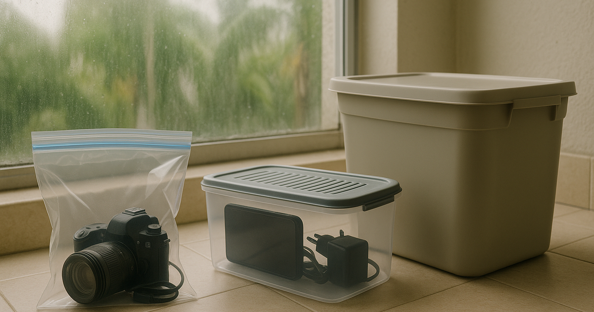 Airtight storage bins with desiccant packs inside, protecting electronics from humidity.
