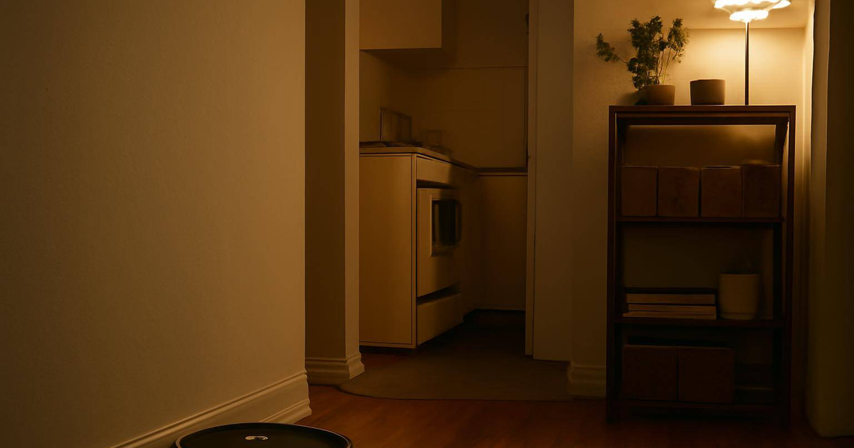 Nighttime view of a small Los Angeles studio apartment with a robot vacuum docked near the wall