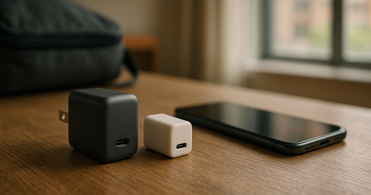 Priya commuting in a San Francisco Bay Area train, using a larger multiport charger for her devices.