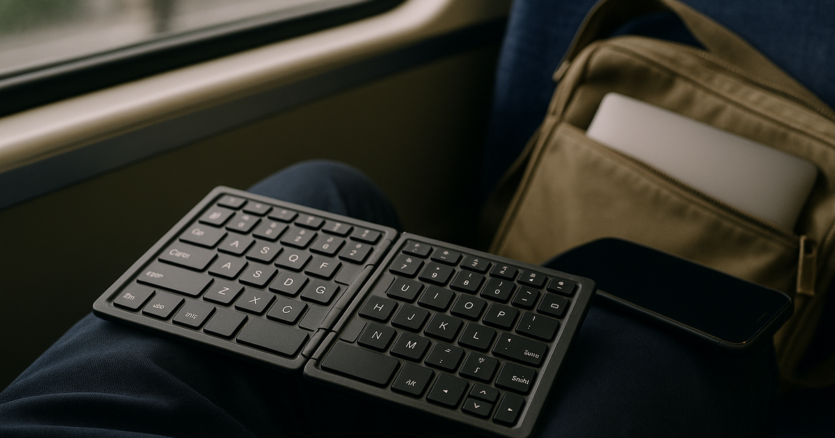 A commuter's hands fumble with a collapsing portable keyboard on a crowded train.