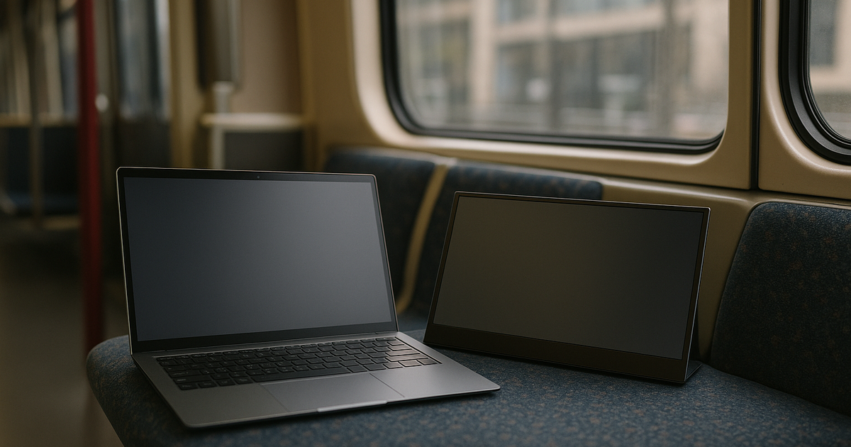 Priya commuting on a train with her laptop and portable monitor