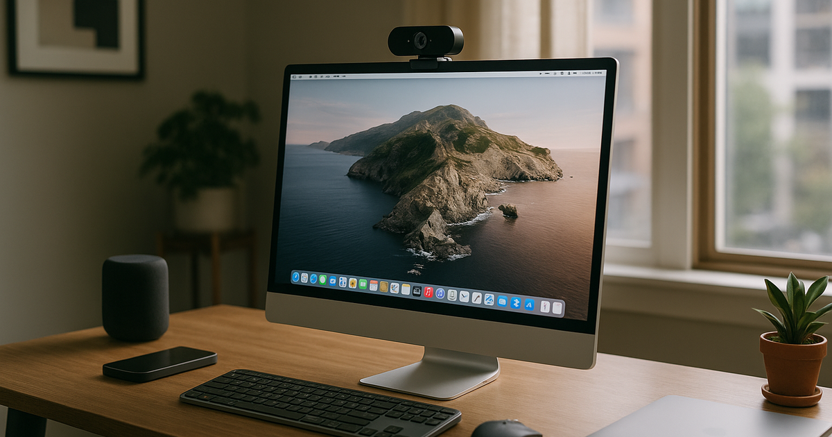 Ryan's home office setup in Seattle, featuring the Logitech MX Brio webcam on top of his monitor during a video call.