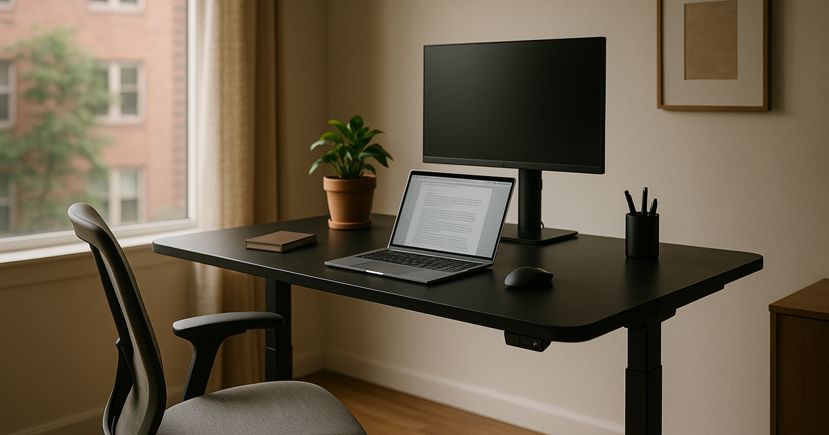 Hybrid work home office scene with a standing desk.