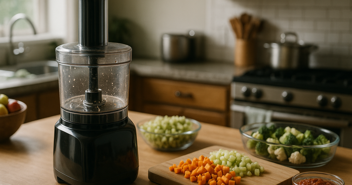 A food processor being used for weekend meal prep in a family kitchen.