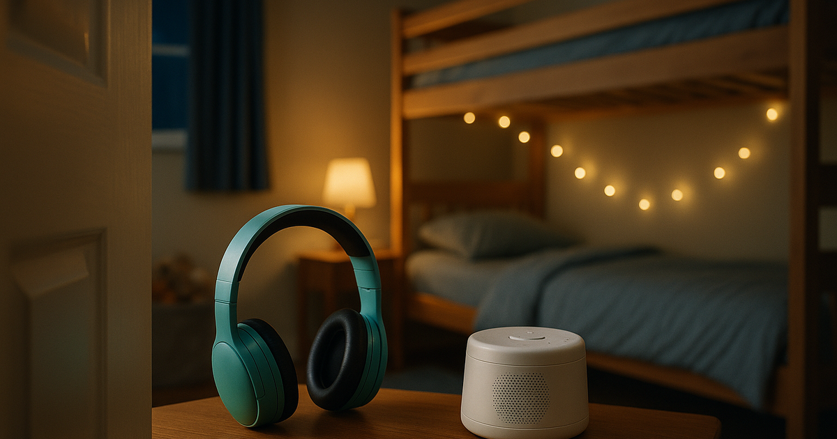 A quiet child wearing noise-canceling headphones in a cozy, dimly lit room at night.