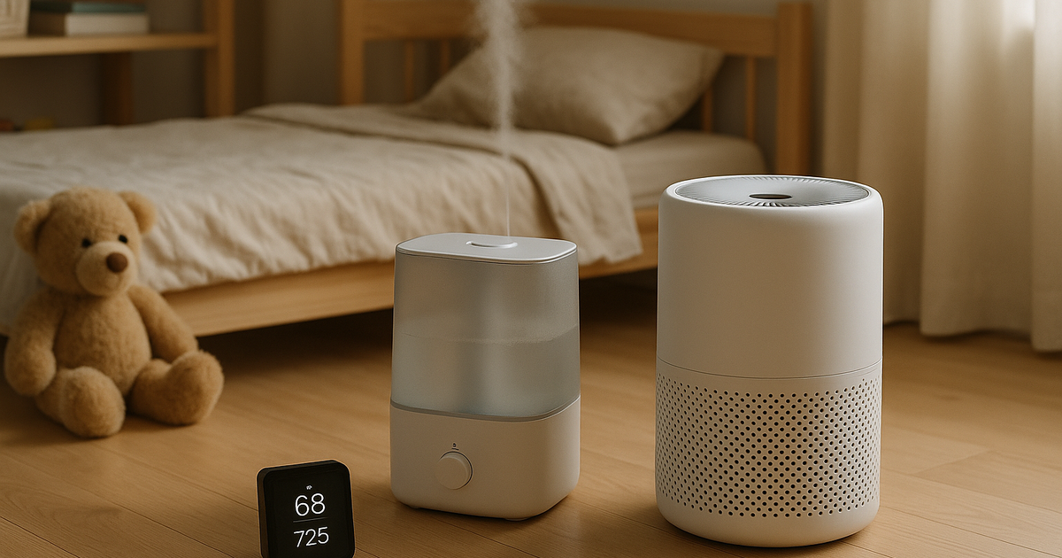 A parent cleaning a humidifier in a bathroom sink, with cleaning supplies nearby.