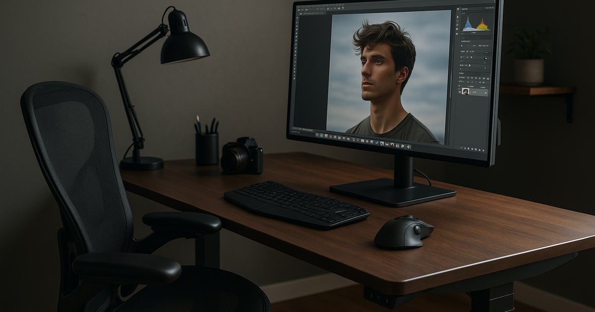 Ergonomic edit station featuring a standing desk and monitor arm, tailored for long hours of photo editing.